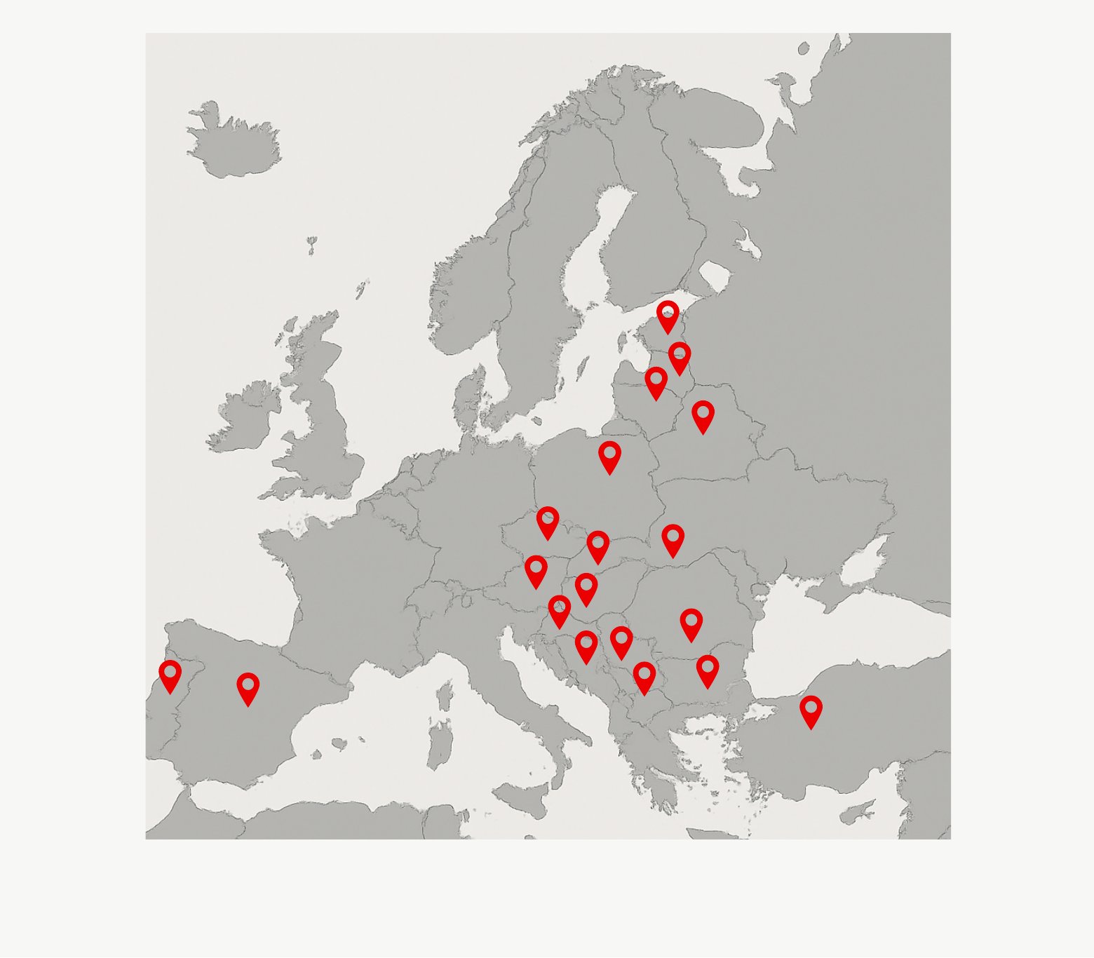 Map of Europe highlighting focus countries